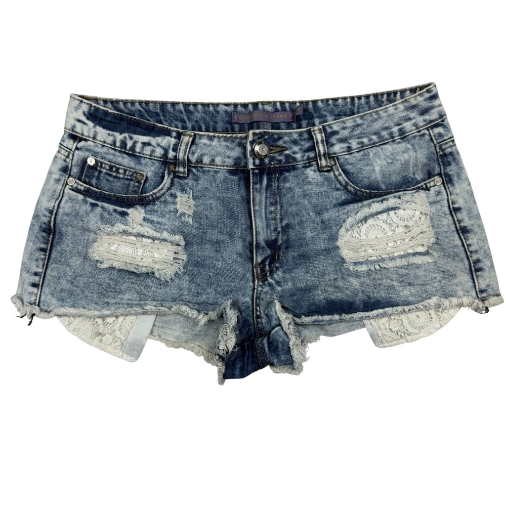 VTG Y2K Boom Boom Jeans Acid Wash Lace Denim Micro Shorts Low Rise Sz 11 2"